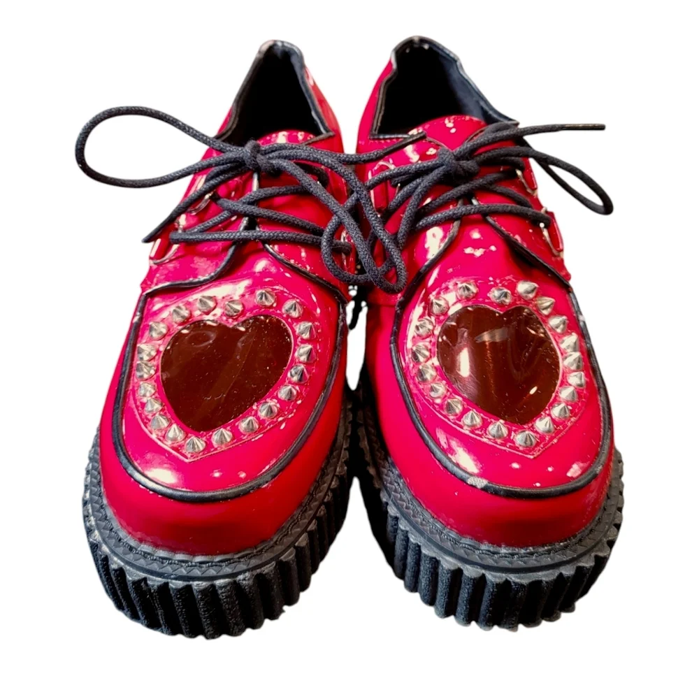 Demonia 108 Red Faux Leather Sheer Heart Studded Lace Up Creepers Women's Size 8